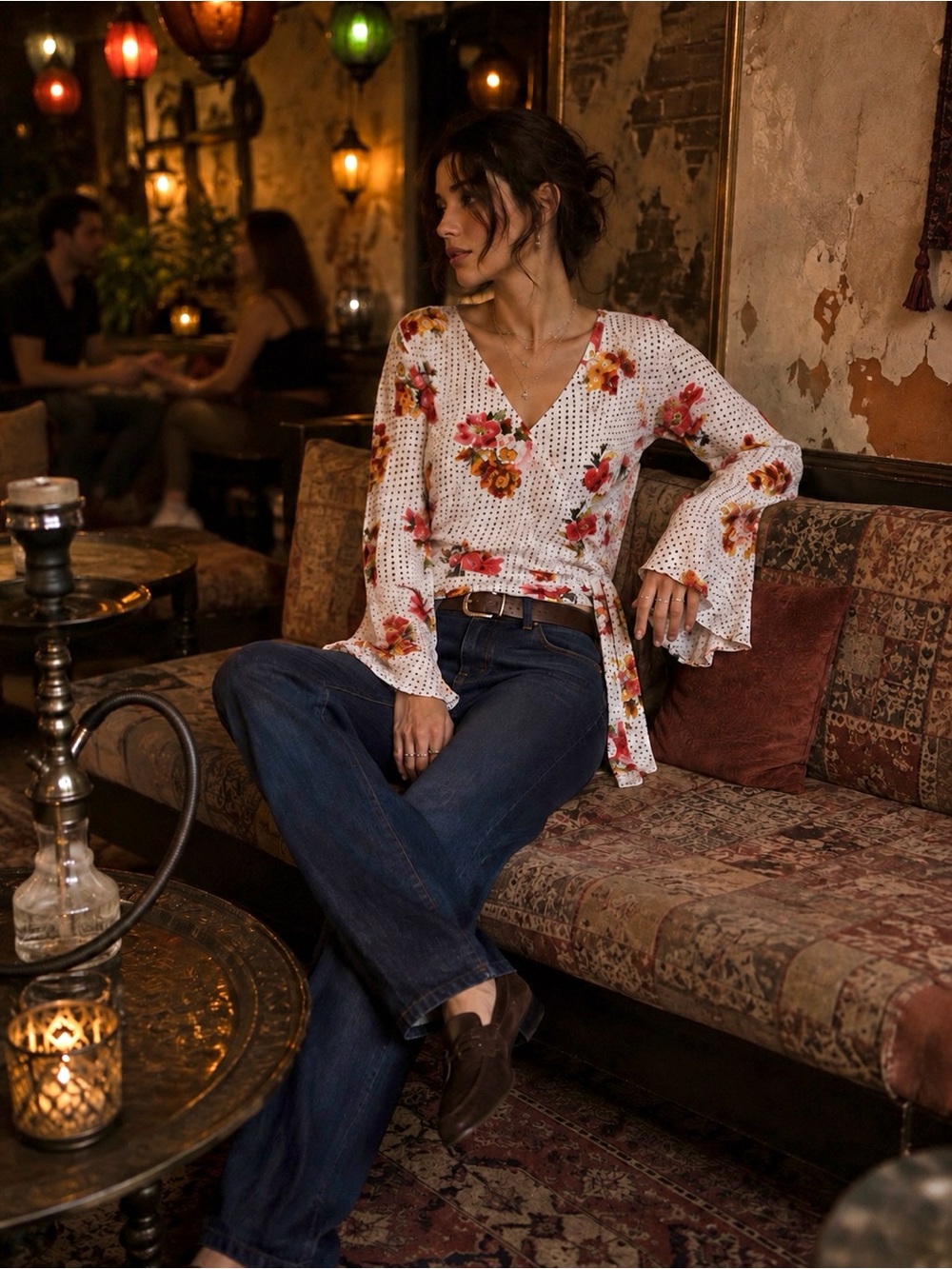 Boutique Curated Wishful Floral Polka Dot Faux Wrap Bell Sleeve Blouse
